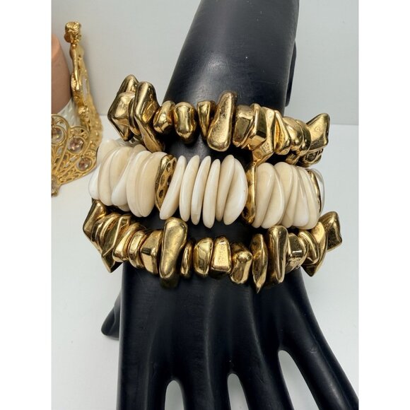 ZARA Gold Tone And Ivory Beaded Stretch Bracelets Set Of 3 - Picture 1 of 5